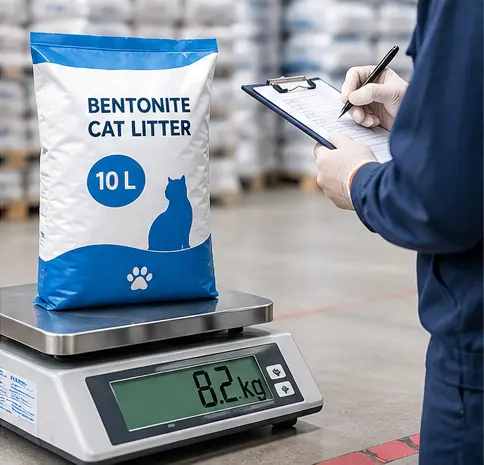10 L bentonite cat litter bag fill weight check on a scale
