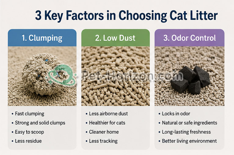 Comparison of three key cat litter features including clumping cat litter, low dust cat litter, and deodorizing cat litter