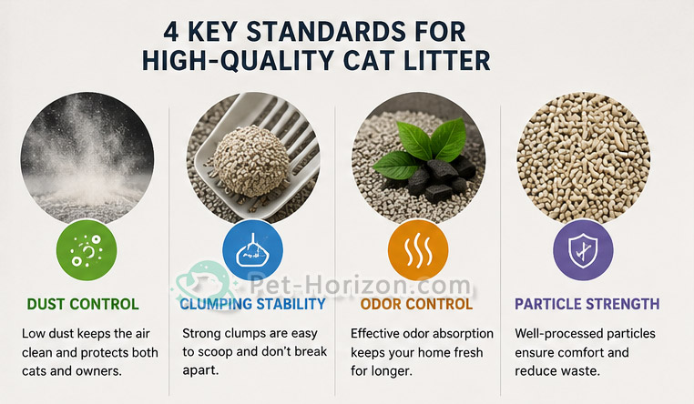 Infographic showing four key cat litter quality standards: dust control, clumping stability, odor control, and particle strength