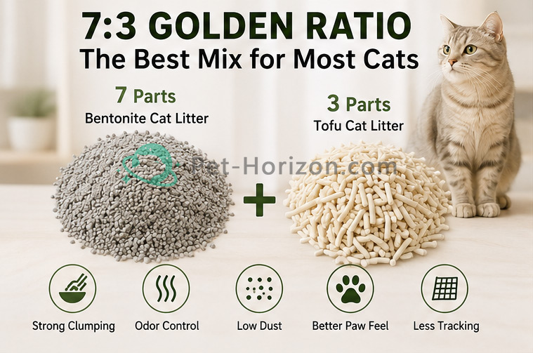 7:3 bentonite cat litter and tofu cat litter mixing ratio infographic with a cat and litter performance icons.