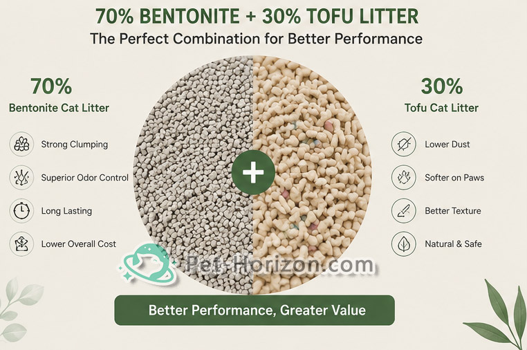 70 percent bentonite cat litter mixed with 30 percent tofu cat litter for better performance