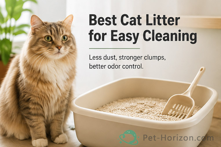 Long-haired cat sitting next to a clean litter box filled with low-dust cat litter for easier daily cleaning.
