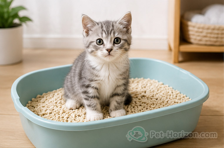 Cute gray kitten sitting in a litter box filled with low dust tofu cat litter for kittens.