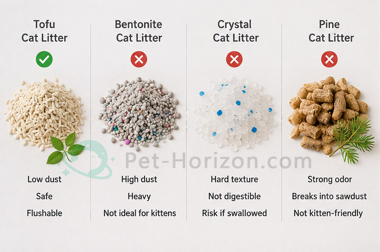 Comparison of tofu, bentonite, crystal, and pine cat litter for kitten safety.