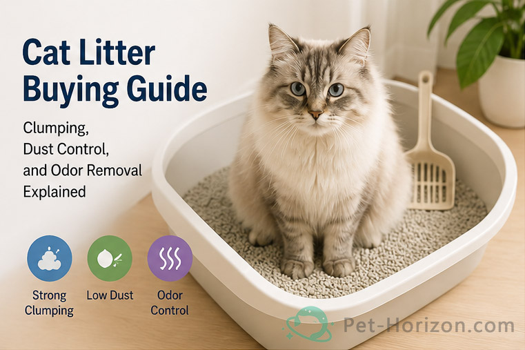 Cat litter buying guide overview showing key factors of clumping, low dust, and odor control for choosing cat litter