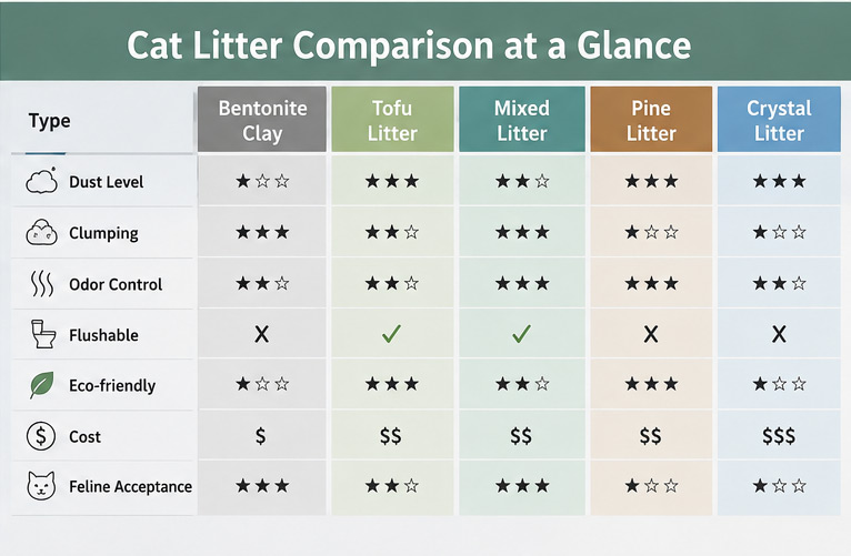 Cat litter comparison chart showing bentonite, tofu, mixed, pine, and crystal litter performance ratings.