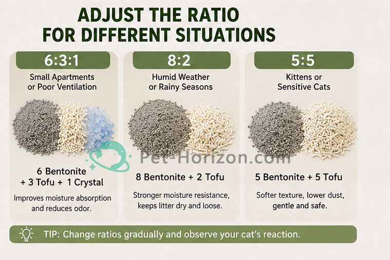Different bentonite cat litter mixing ratios including 6:3:1, 8:2, and 5:5 formulas for various home environments.