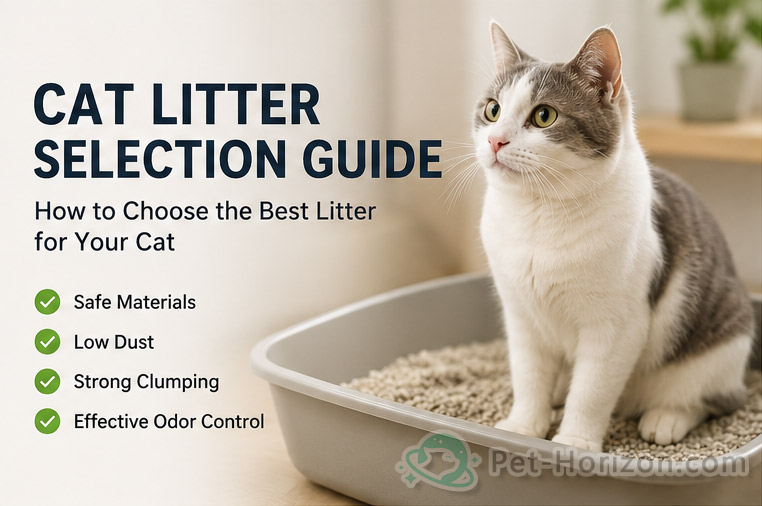 Cat sitting in a litter box illustrating a cat litter selection guide with key factors including dust, clumping, and odor control