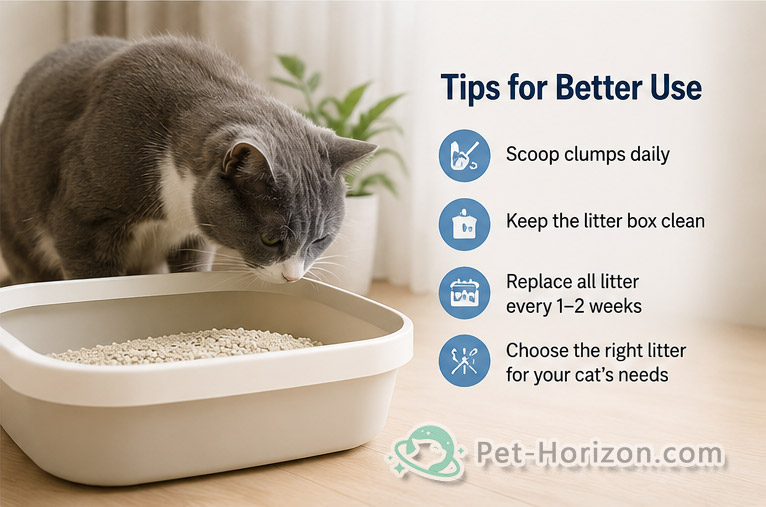 Cat using litter box with tips for scooping daily, cleaning litter box, and maintaining cat litter hygiene