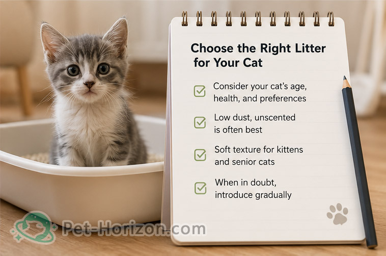 Kitten beside a checklist about choosing low dust and unscented cat litter for different cats.