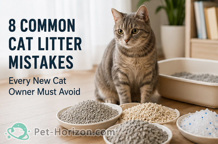 Cat sitting beside different types of cat litter with text about common cat litter mistakes for new cat owners.
