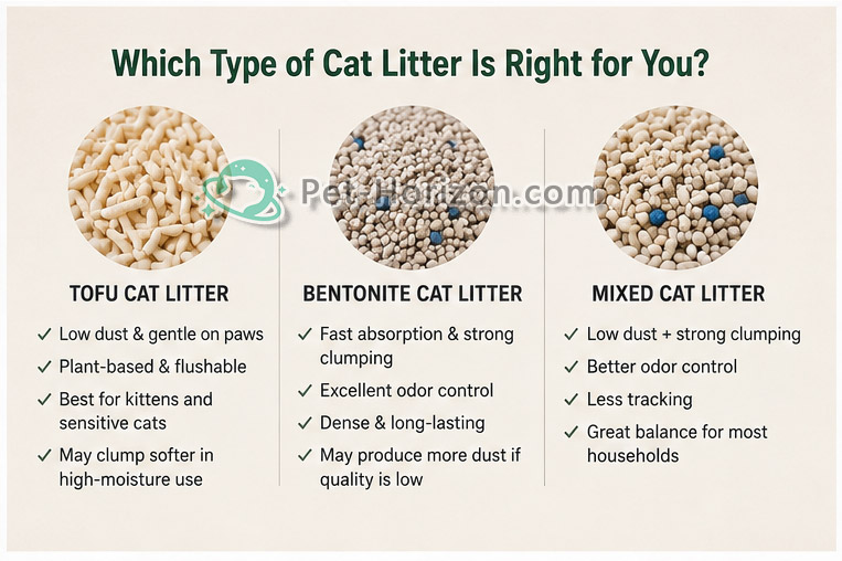Comparison chart of tofu cat litter, bentonite cat litter, and mixed cat litter for different household needs.