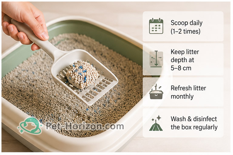 Hand scooping clumping cat litter from a litter box with maintenance tips for easier cleaning.