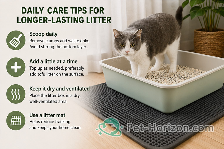 Cat standing in a litter box beside daily maintenance tips for mixed bentonite cat litter.