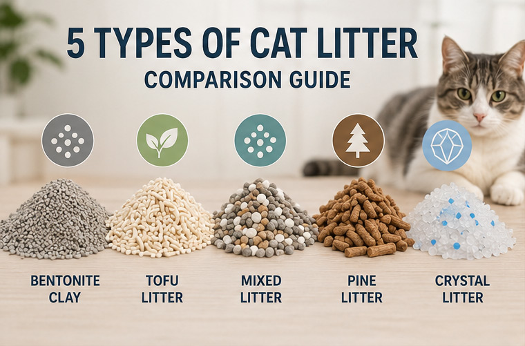 Comparison of bentonite, tofu, mixed, pine, and crystal cat litter types with a cat in the background.