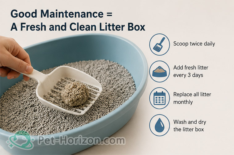 Person scooping clumping cat litter from a clean litter box during daily maintenance.