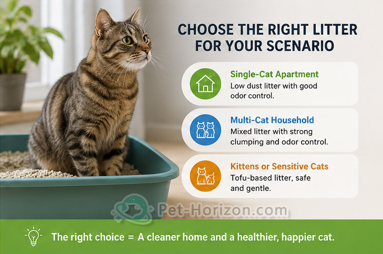Cat litter selection guide based on household scenarios including single cat apartments, multi-cat homes, and kittens or sensitive cats