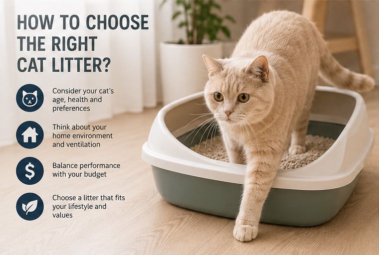 Cat standing in a litter box with tips for choosing the right cat litter.