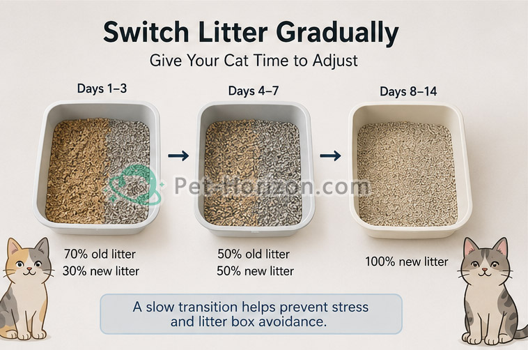 Step-by-step guide showing how to gradually switch from old cat litter to new cat litter.