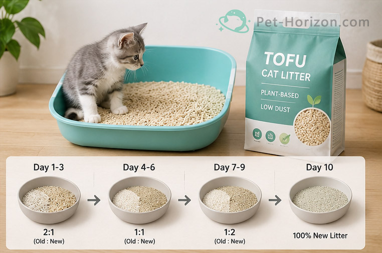 Kitten transitioning to new tofu cat litter using a gradual mixing method.