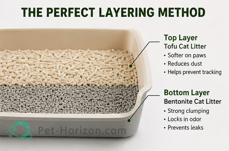 Layered mixed cat litter box with bentonite litter on the bottom and tofu litter on the top.