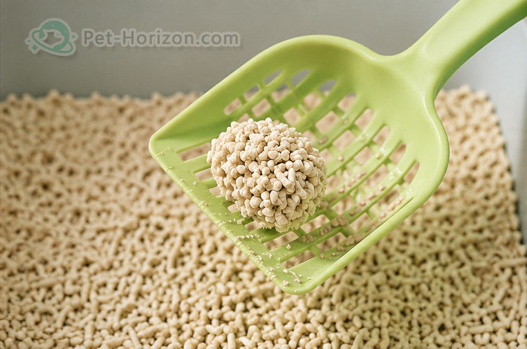 Scooping clumped tofu cat litter with low dust texture for kittens.