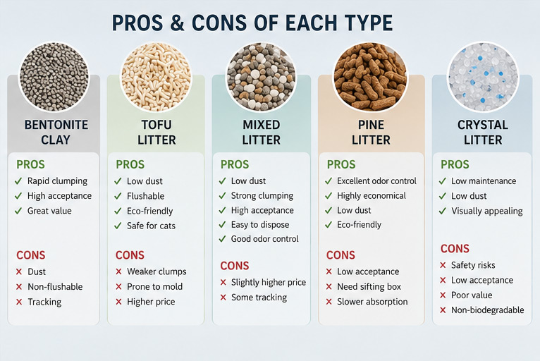 Pros and cons comparison of different cat litter types including tofu, bentonite, pine, mixed, and crystal litter.