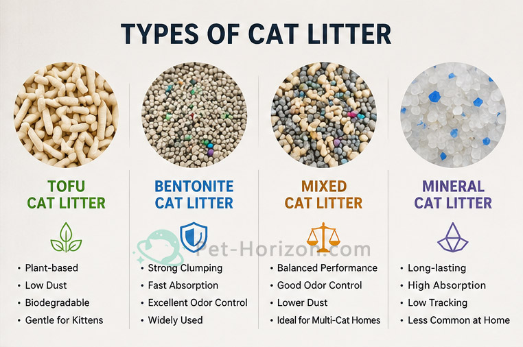 Visual comparison of tofu cat litter, bentonite cat litter, mixed cat litter, and mineral cat litter types with features and usage notes