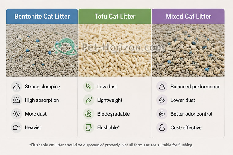 Comparison chart showing bentonite cat litter, tofu cat litter, and mixed cat litter with their features and performance differences