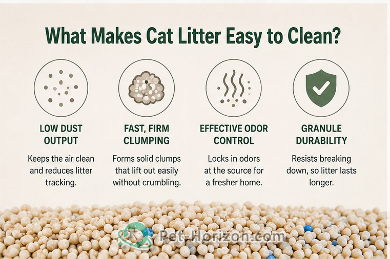 Infographic explaining low dust cat litter, strong clumping performance, odor control, and durable litter particles.