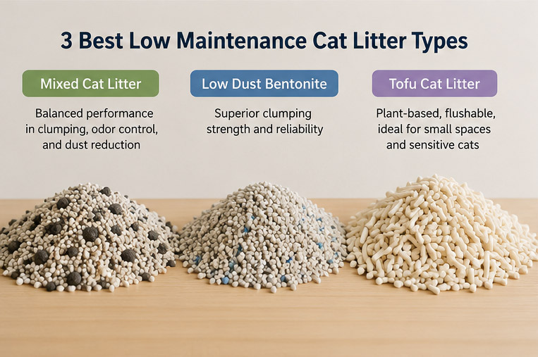 Three types of cat litter including mixed litter, bentonite litter, and tofu litter displayed for comparison.
