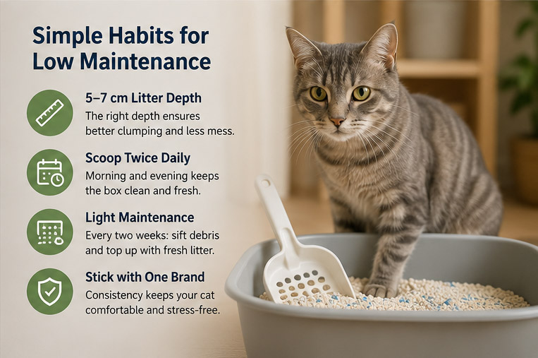 A cat standing beside a litter box with maintenance tips including litter depth, scooping schedule, and cleaning routine.