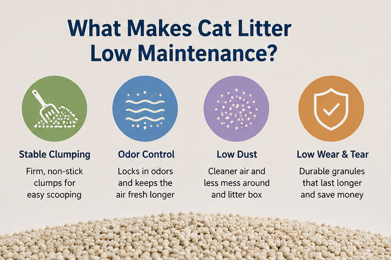 Infographic showing the main features of low maintenance cat litter including stable clumping, odor control, low dust, and durability.