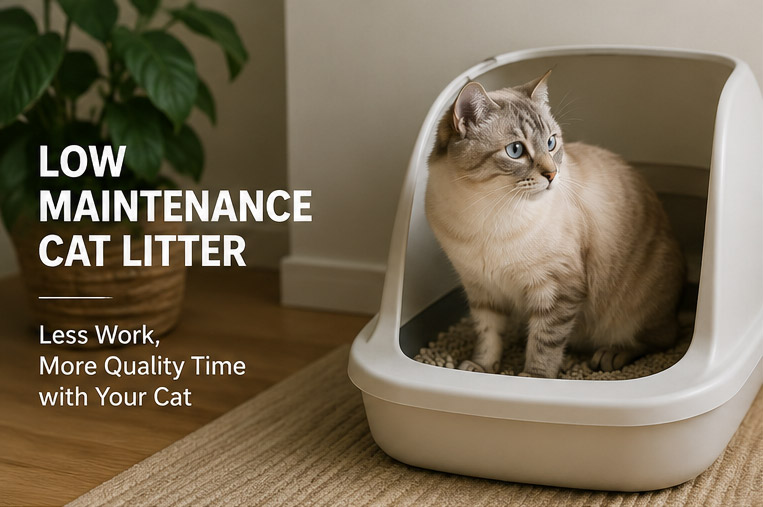 A cat sitting beside a clean litter box illustrating low maintenance cat litter designed for busy cat owners and easier daily cleaning.