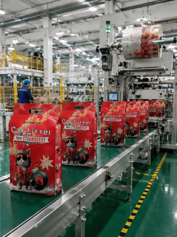 Automated cat litter manufacturing equipment in large-scale factory