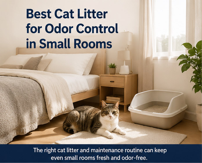 Cat resting in a clean bedroom with a litter box in a small apartment