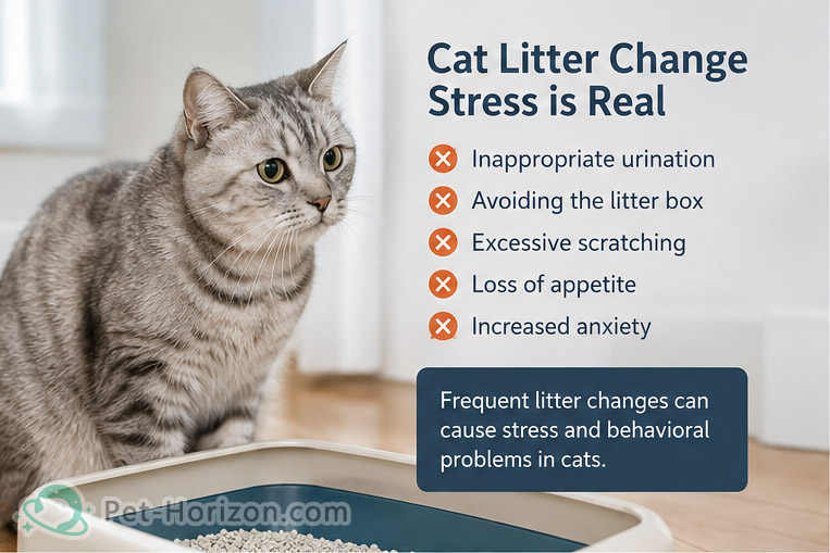 Cat showing stress and avoidance behavior near a litter box caused by frequent cat litter changes