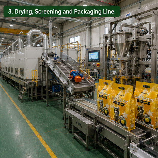 Automated cat litter drying system, screening equipment, and packaging line in a modern cat litter factory