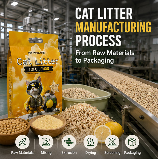 Cat litter manufacturing process showing raw materials, extrusion production line, drying system, and packaging line in a cat litter factory