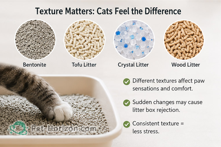 Cat paw touching different types of cat litter including bentonite, tofu, crystal, and wood litter textures