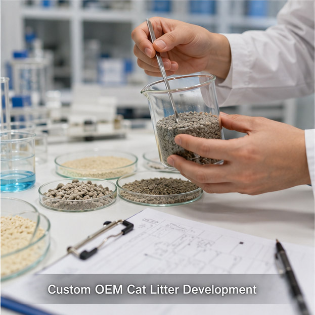 OEM cat litter product development and formula testing for customized cat litter manufacturing