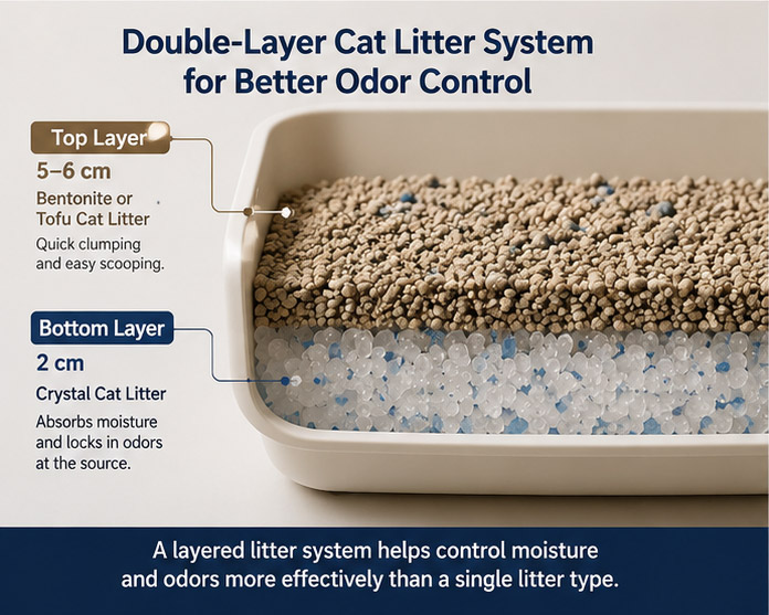 Double-layer cat litter setup with crystal litter and clumping litter