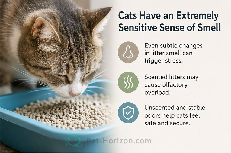 Close-up of a cat smelling cat litter showing sensitivity to odor changes and scented litter stress