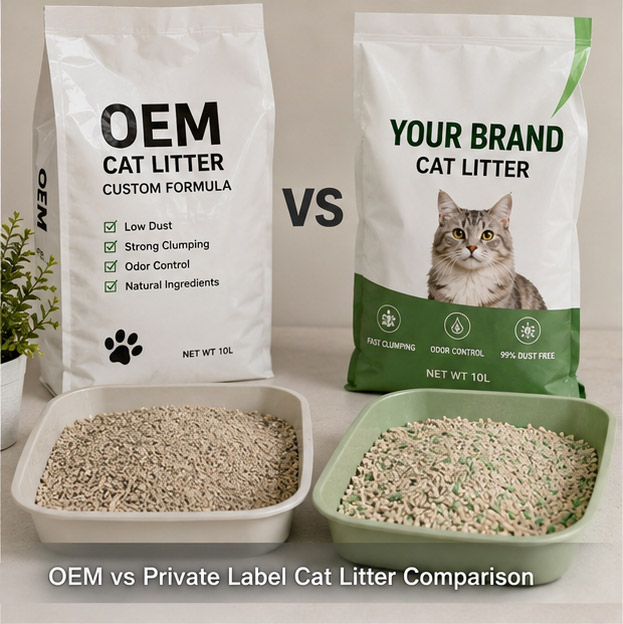 OEM vs private label cat litter comparison showing customized products, branded packaging, and manufacturing solutions for cat litter businesses