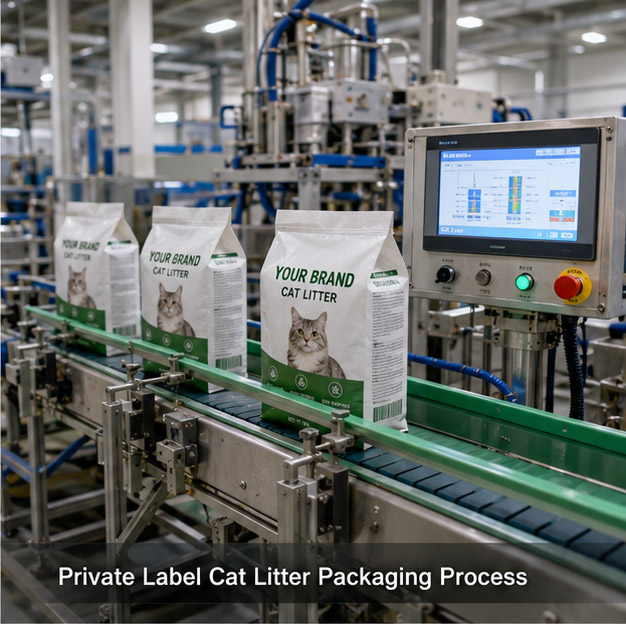 Private label cat litter packaging line producing branded cat litter bags in a modern manufacturing facility