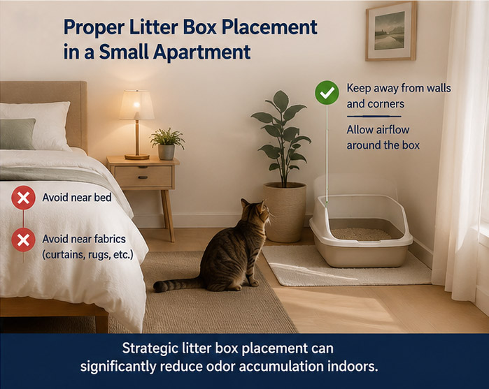 Proper cat litter box placement in a small apartment room