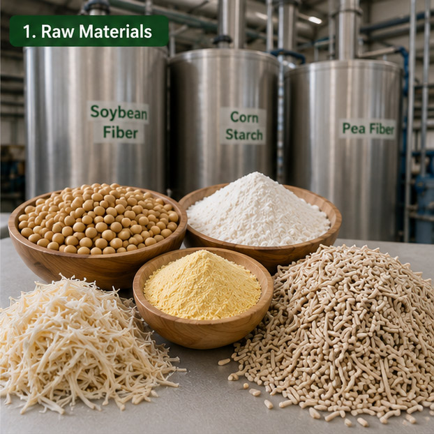 Soybean fiber, corn starch, pea fiber, and tofu cat litter raw materials in a cat litter factory
