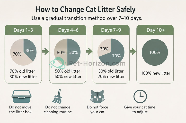Step-by-step diagram showing gradual cat litter transition method from old litter to new litter over several days