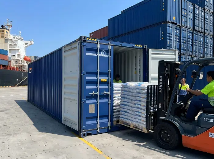 A forklift loading palletized bags of cat litter into a blue 40HQ shipping container at a busy port terminal.