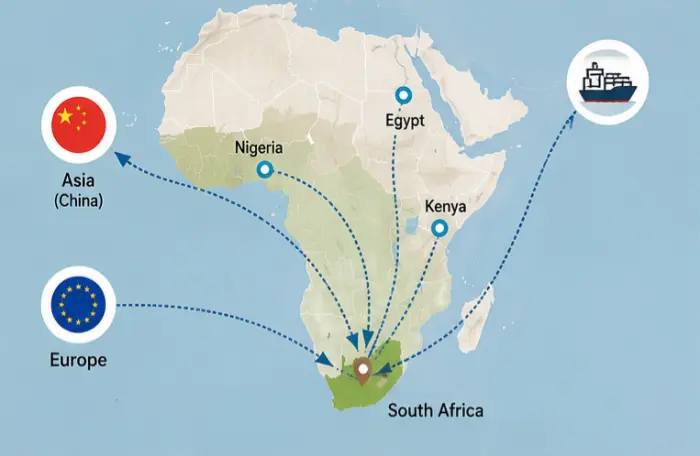 Map of African cat litter import flows with South Africa as the largest single market